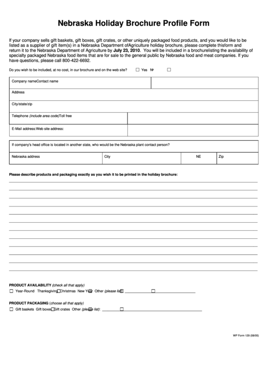 Fillable Wp Form 129 - Nebraska Holiday Brochure Profile Form Printable pdf