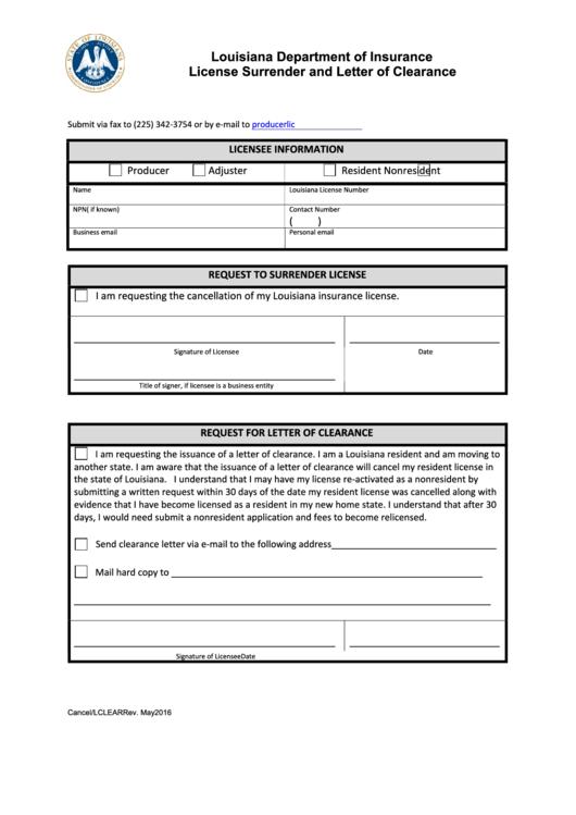 Fillable License Surrender And Letter Of Clearance - Louisiana Department Of Insurance Printable pdf