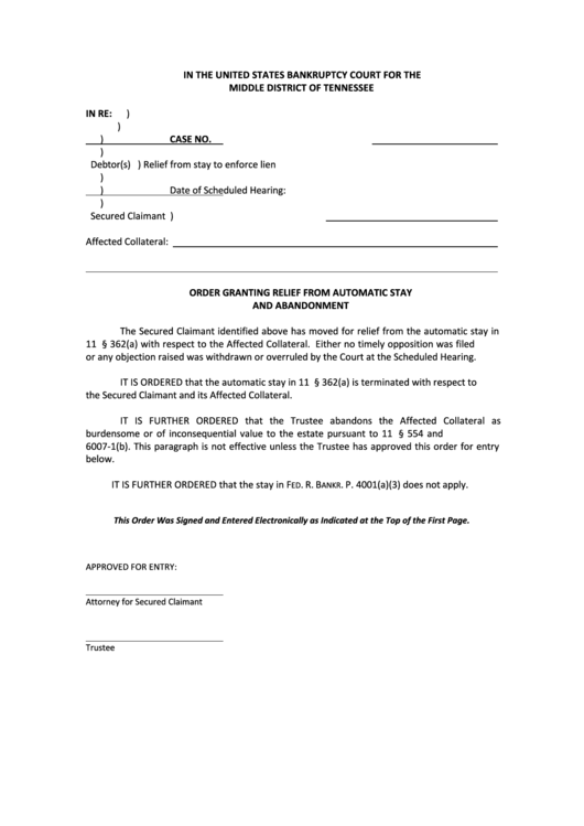 Fillable Order Granting Relief From Automatic Stay And Abandonment - United States Bankruptcy Court, Tennessee Printable pdf