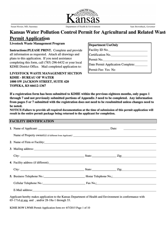 Kansaswater Pollution Control Permit Foragricultural Andrelated Wastes Permit Application Printable pdf