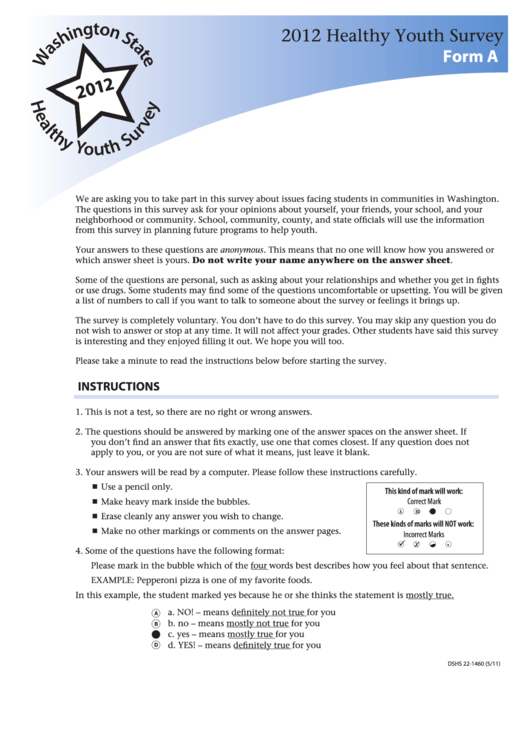 Form A - Healthy Youth Survey - 2012 Printable pdf