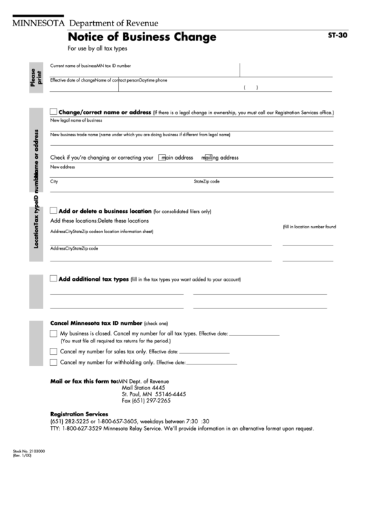 Form St-30 - Notice Of Business Change - Minnesota Department Of Revenue Printable pdf