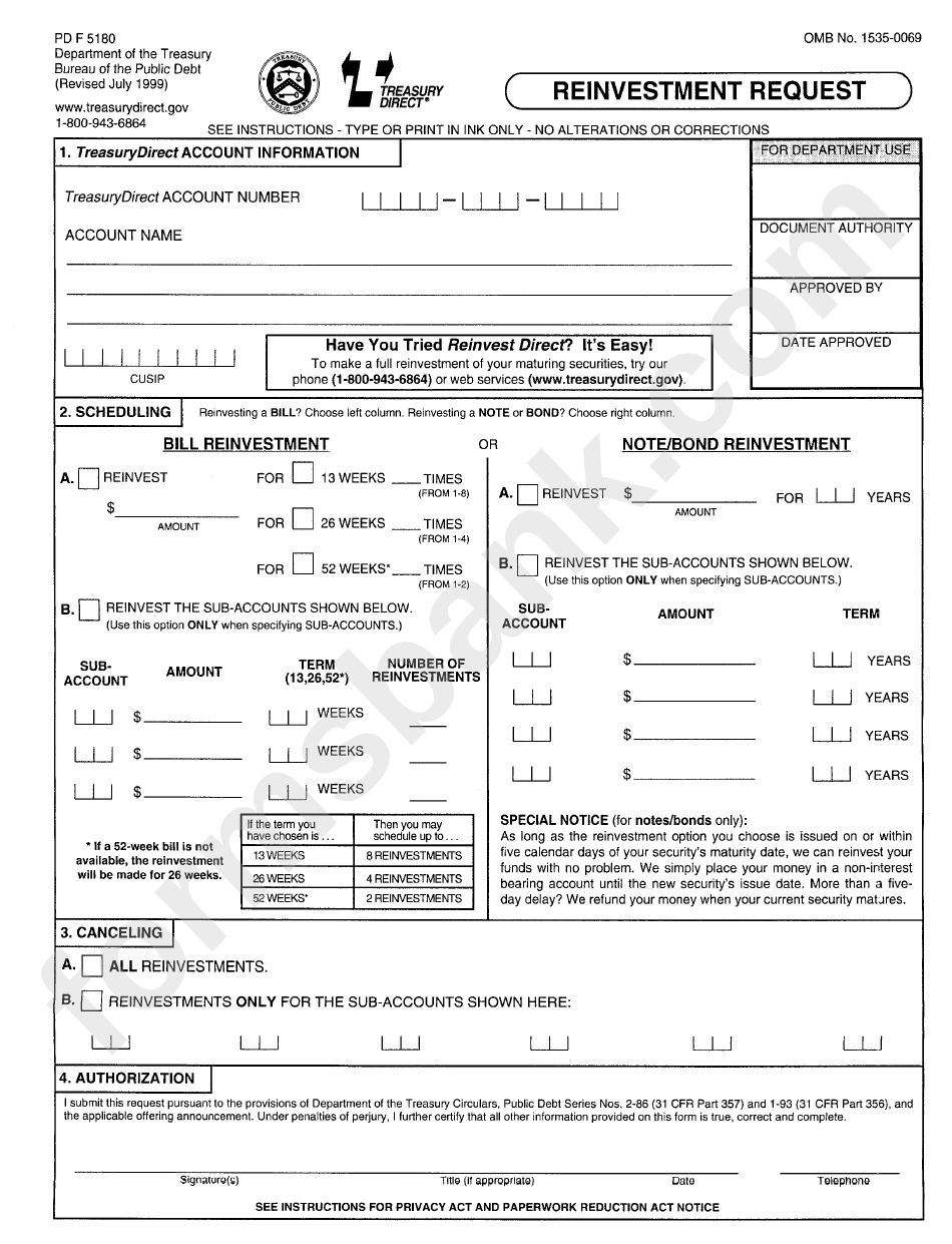 Form Pd F 5180 - Reinvestment Request - Department Of The Treasury