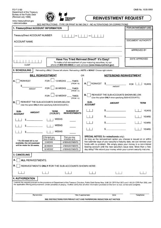 Form Pd F 5180 - Reinvestment Request - Department Of The Treasury Printable pdf