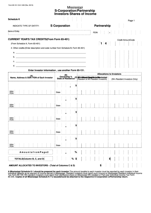 Fillable Form 85-131-10-8-1-000 - Mississippi S-Corporation/partnership Investors Shares Of Income Printable pdf