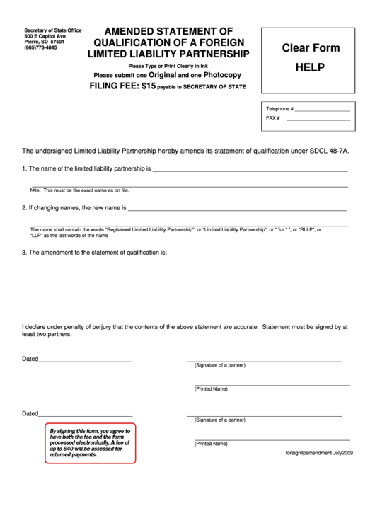 Fillable Amended Statement Of Qualification Of A Foreign Limited Liability Partnership Form - Secretary Of State Office Printable pdf