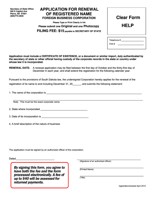 Fillable Application For Renewal Of Registered Name (Foreign Business Corporation) Form - Secretary Of State Office Printable pdf