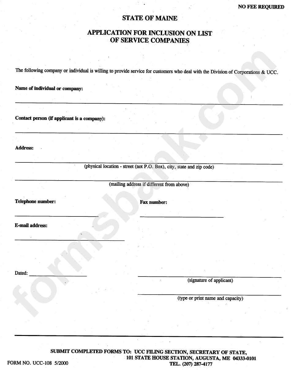 Form Ucc-108 - Application For Inclusion On List Of Service Companies - Maine Secretary Of State