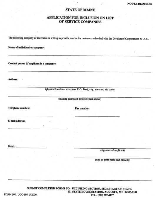 Form Ucc-108 - Application For Inclusion On List Of Service Companies - Maine Secretary Of State Printable pdf