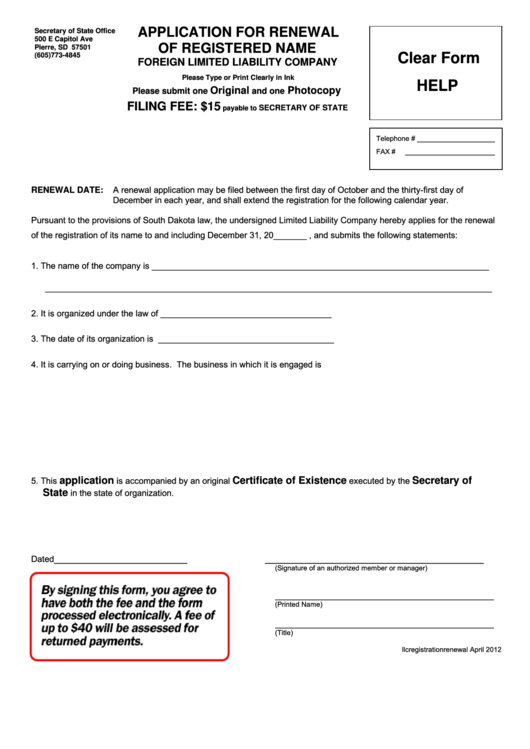 Fillable Application For Renewal Of Registered Name (Foreign Limited Liability Company) Form - Secretary Of State Office Printable pdf