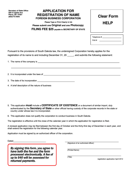 Fillable Application For Registration Name (Foreign Business Corporation) - Secretary Of State Office Printable pdf