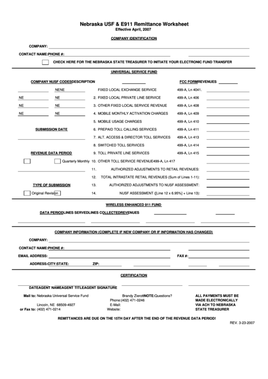 Fillable Nebraska Usf & E911 Remittance Worksheet - Nebraska Universal Service Fund Printable pdf