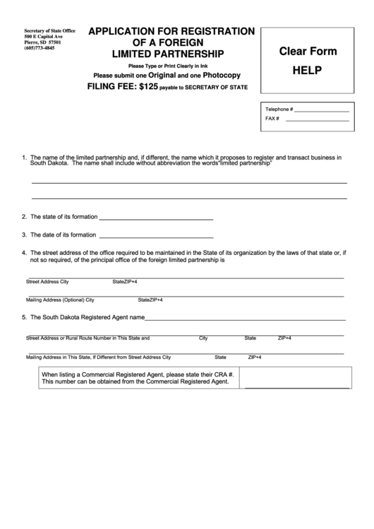 Fillable Application For Registration Of A Foreign Limited Partnership - South Dakota Secretary Of State - 2012 Printable pdf