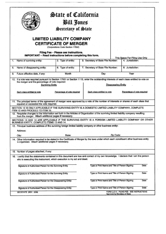 Form Llc-9 - Limited Liability Company Certificate Of Merger - California Secretary Of State Printable pdf