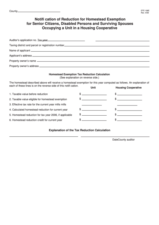 Fillable Form Dte 106e - Notification Of Reduction For Homestead Exemption For Senior Citizens, Disabled Persons And Surviving Spouses Occupying A Unit In A Housing Cooperative Printable pdf