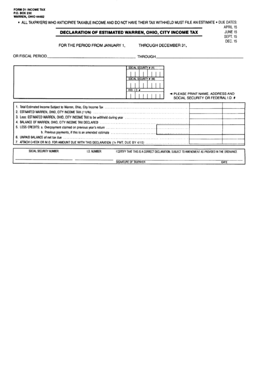 Form 01 - Declaration Of Estimated Income Tax - City Of Warren Printable pdf