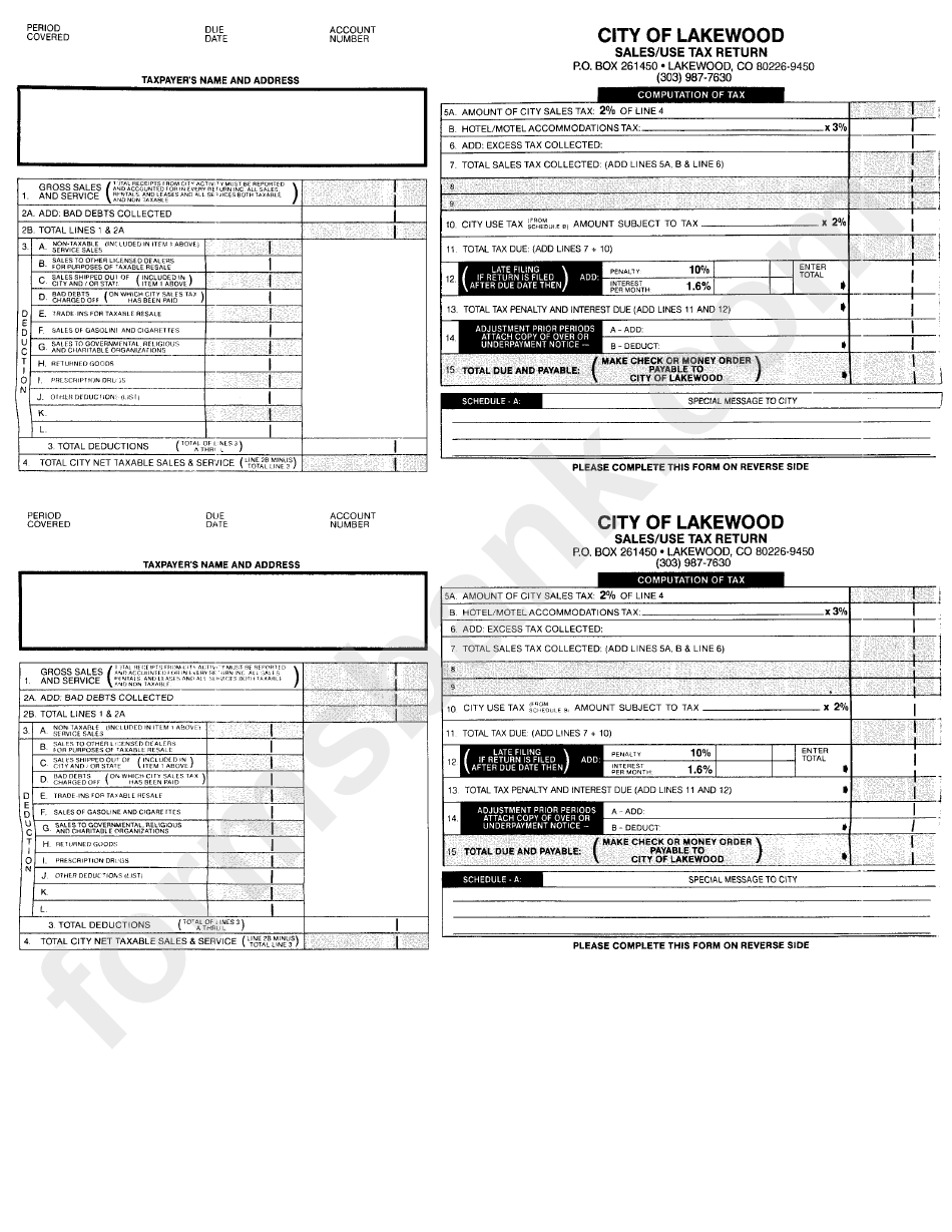 Sales/use Tax Return City Of Lakewood printable pdf download