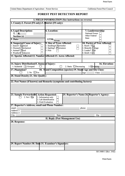 Fillable Form R5-3400-1 - Forest Pest Detection Report - Department Of Agriculture Printable pdf
