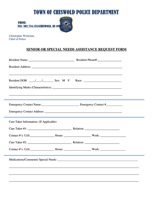 Senior Or Special Needs Assistance Request Form - Town Of Cheswold Police Department