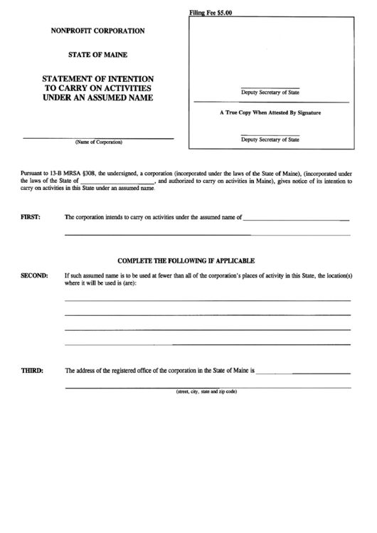 Form Mnpca-5 - Statement Of Intention To Carry On Activities Under An Assumed Name - Maine Secretary Of State Printable pdf