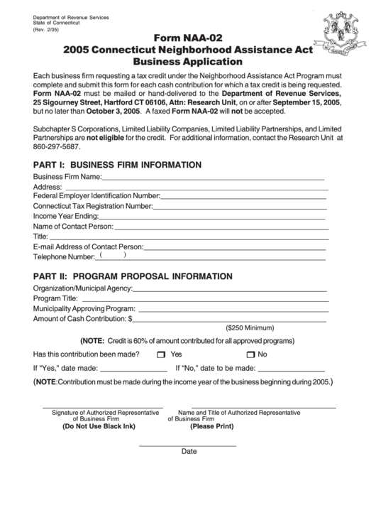 Form Naa-02 - 2005 Connecticut Neighborhood Assistance Act Business Application Printable pdf