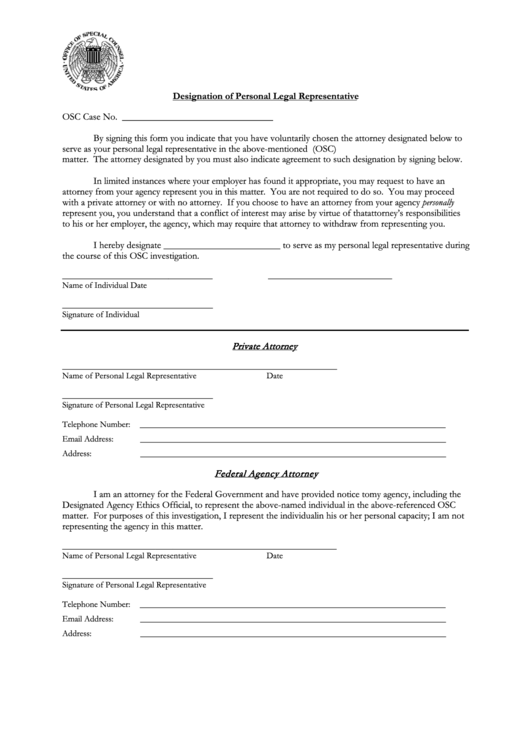 Designation Of Personal Legal Representative - U.s. Office Of Special Counsel Printable pdf