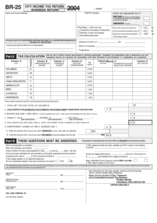 Fillable Form Br-25 - City Income Tax Return - Business Return - 2004 Printable pdf