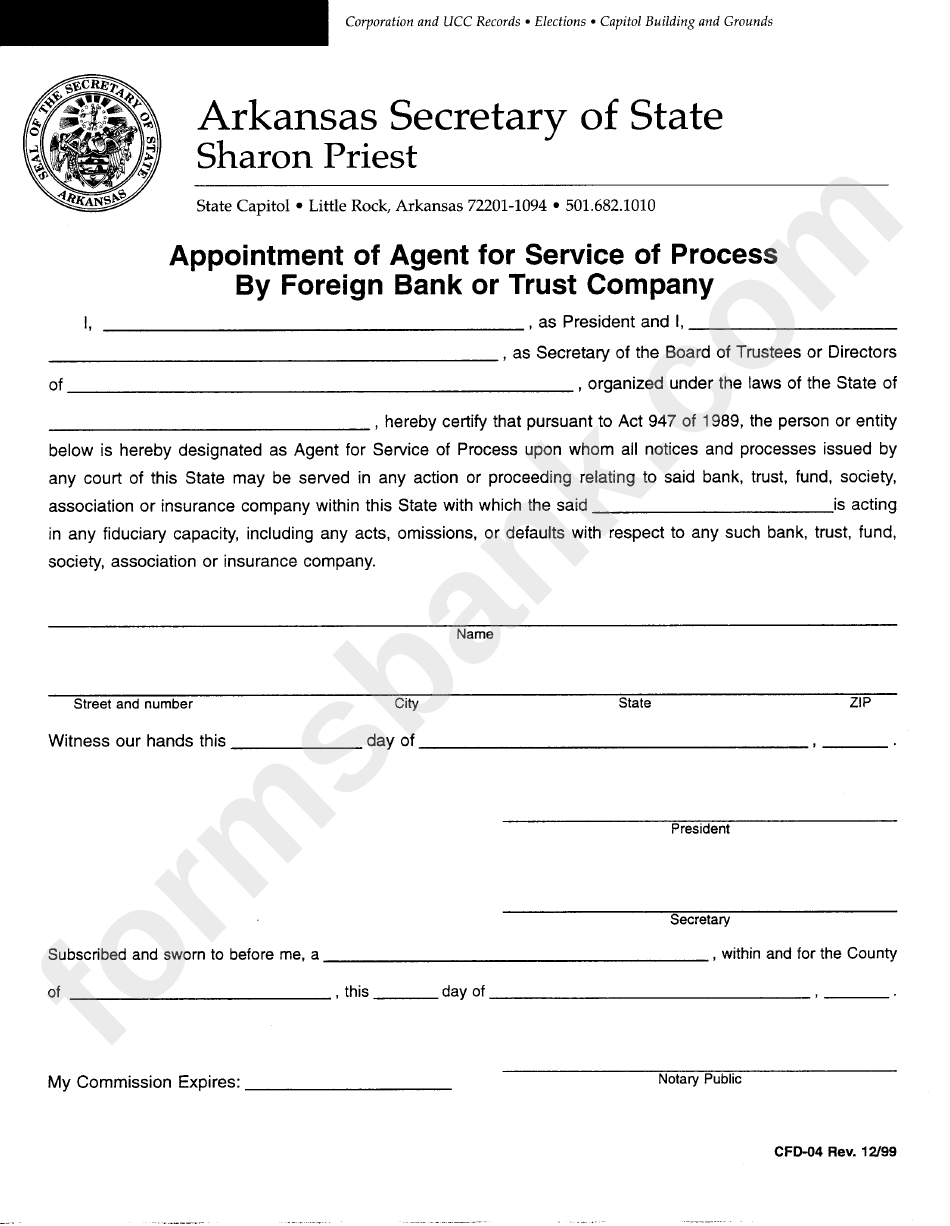 Form Cfd-04 - Appointment Of Agent For Service Of Process By Foreign Bank Or Trust Company - Arkansas Secretary Of State