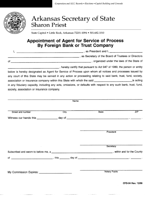 Form Cfd-04 - Appointment Of Agent For Service Of Process By Foreign Bank Or Trust Company - Arkansas Secretary Of State Printable pdf