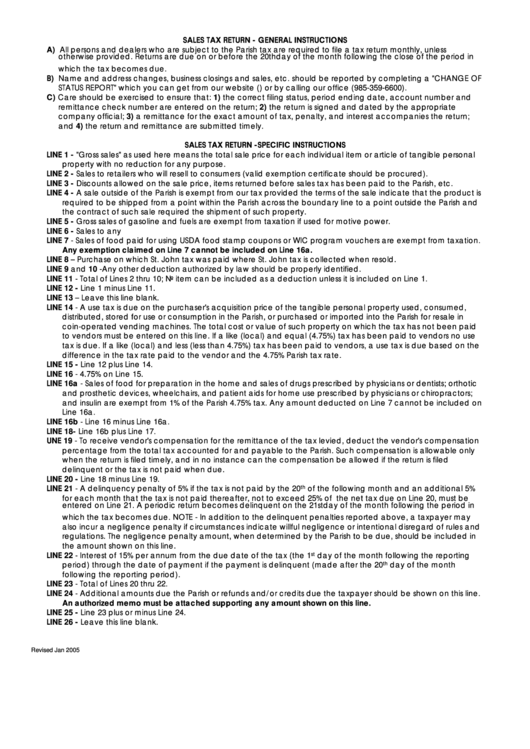 Instructions For Sales Tax Return - Saint John Parish - Louisiana Department Of Revenue Printable pdf