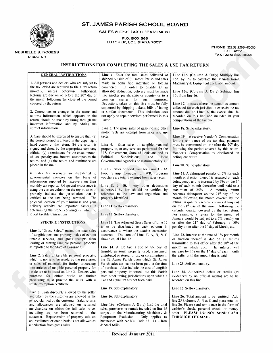 Instructions For Sales And Use Tax Return - St. James Parish - Louisiana Deparmtent Of Revenue
