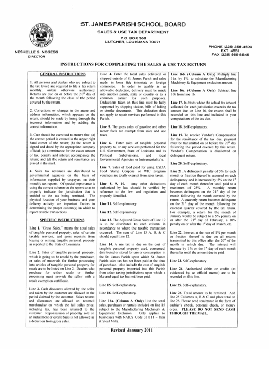 Instructions For Sales And Use Tax Return - St. James Parish - Louisiana Deparmtent Of Revenue Printable pdf