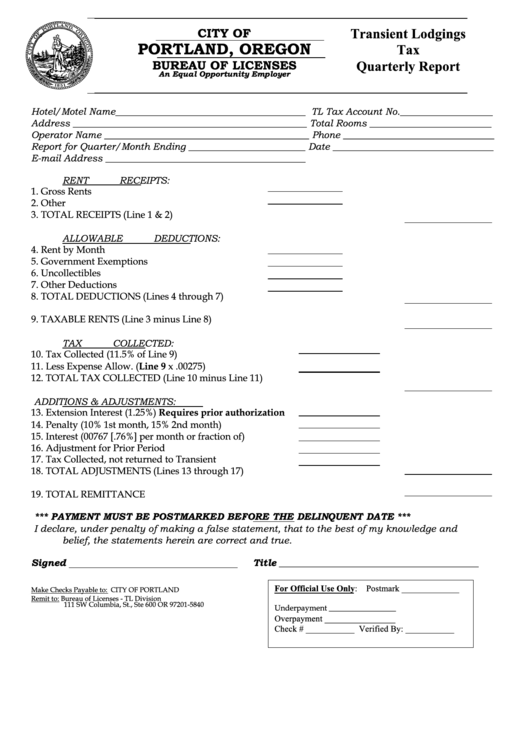 Transient Lodgings Tax Quarterly Report - City Of Portland Bureau Of Licenses Printable pdf