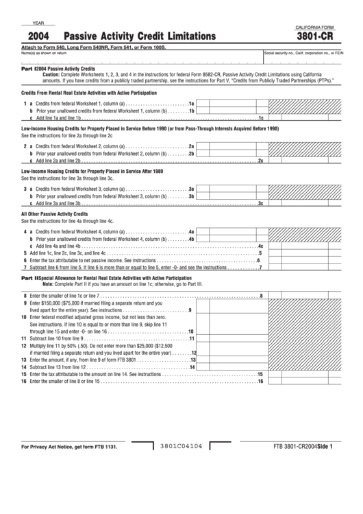 California Form 3801-Cr - Passive Activity Credit Limitations - 2004 Printable pdf