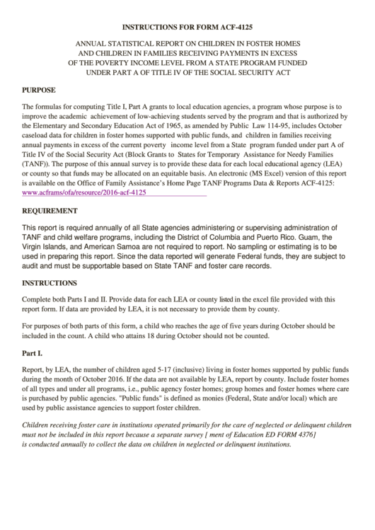 Instructions For Form Acf-4125 - Annual Statistical Report On Children In Foster Homes And Children In Families Receiving Payments In Excess Of The Poverty Income Level From A State Program Funded Under Part A Of Title Iv Of The Social Security Act Printable pdf