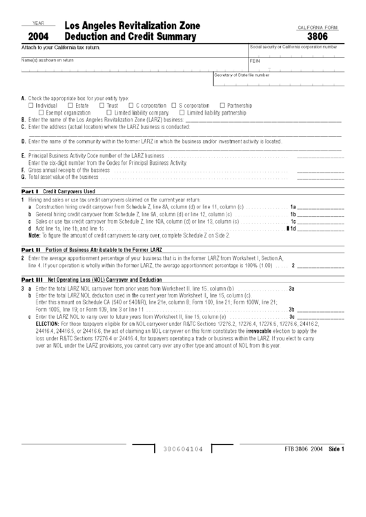 Form 3806 - Los Angeles Revitalization Zone Deduction And Credit Summary - 2004 Printable pdf
