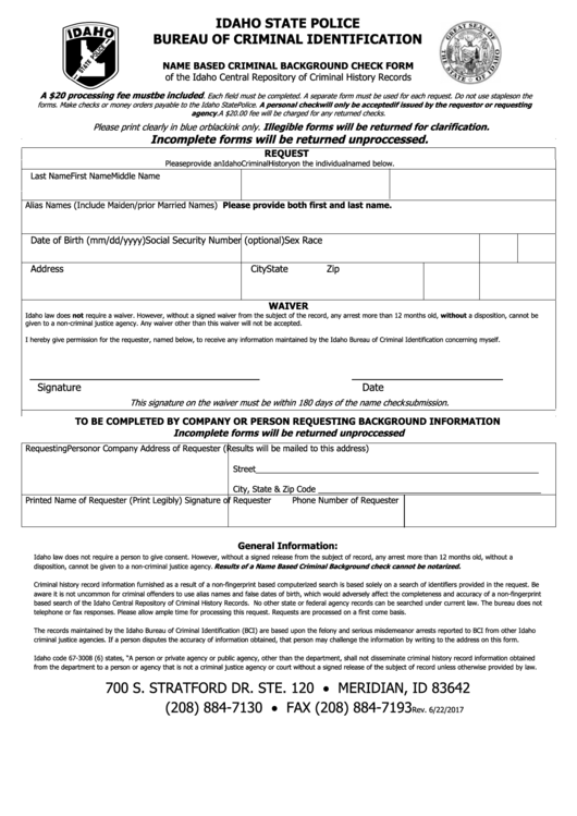 Fillable Name Based Criminal Background Check Form - Idaho State Police Bureau Of Criminal Identification Printable pdf