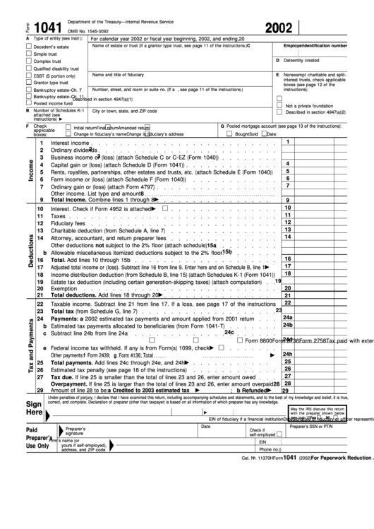 Fillable Form 1041 - U.s. Income Tax Return For Estates And Trusts - 2002 Printable pdf