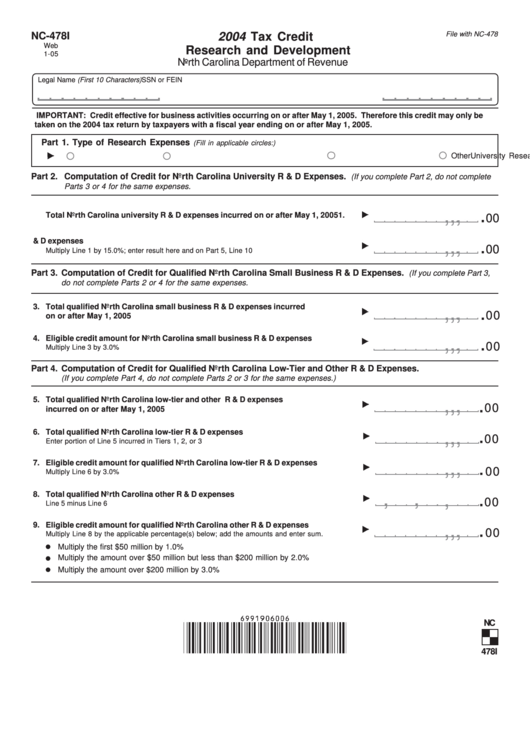 Form Nc478i - Tax Credit Research And Development - 2004 Printable pdf
