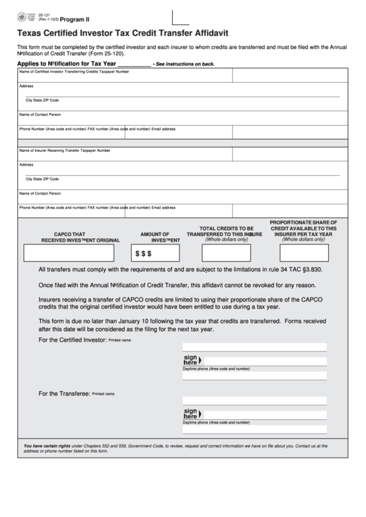 Fillable Form 25-121 - Texas Certified Investor Tax Credit Transfer Affidavit Printable pdf