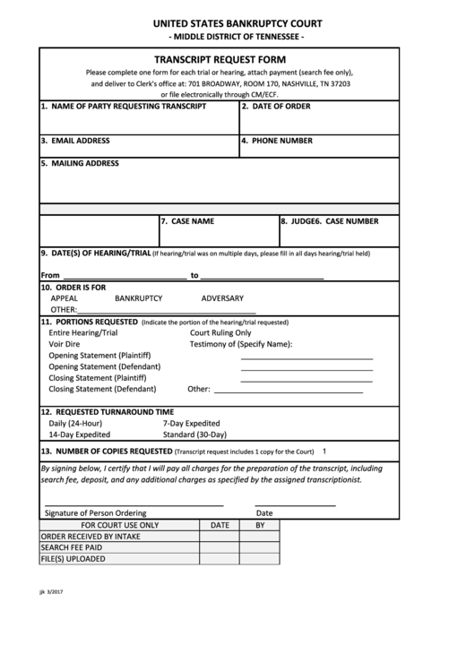 Fillable Transcript Request Form - United States Bankruptcy Court Printable pdf
