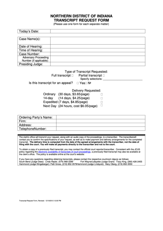 Transcript Request Form - U.s. Bankruptcy Court Northern District Of Indiana Printable pdf