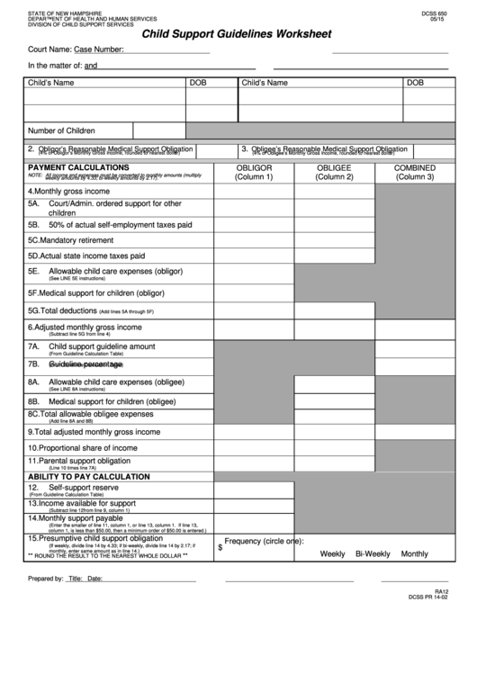 Form Dcss 650 - Child Support Guidelines Worksheet - New Hampshire Dcss 650 Department Of Health And Human Services Printable pdf