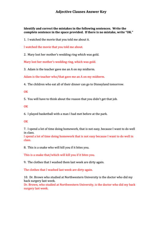 Adjective Clauses - Exercises And Answer Keys Printable pdf