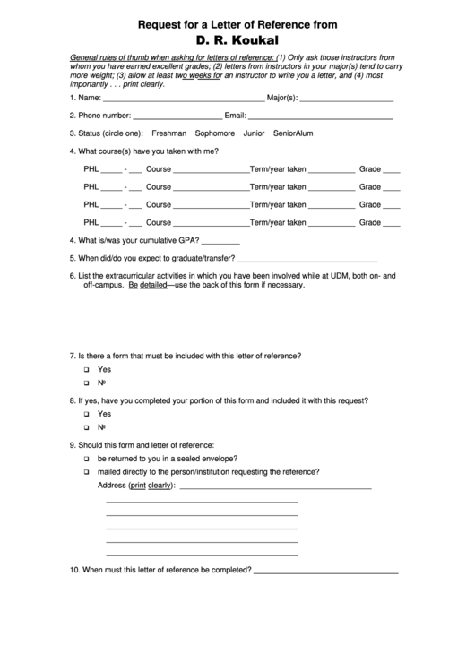 Request For A Letter Of Reference From Printable pdf