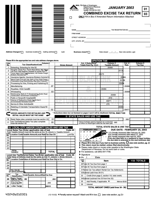 State Of Washington Combined Excise Tax Return - 2003 Printable pdf