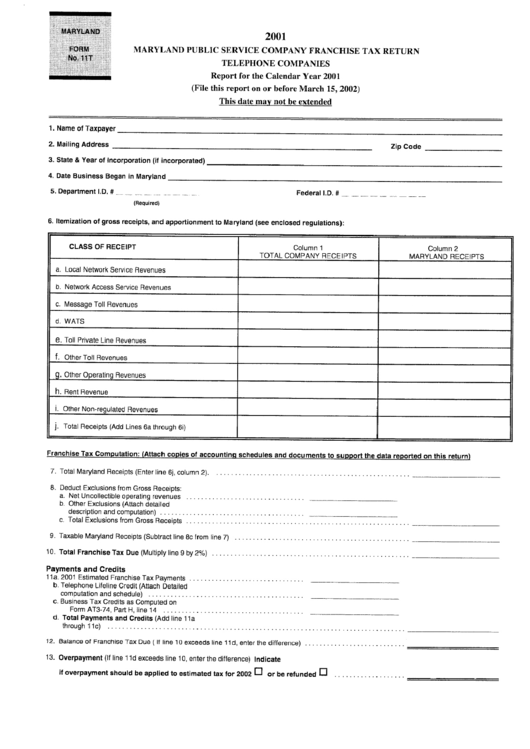 Form 11t - Maryland Public Service Company Franchise Tax Return - 2001 Printable pdf