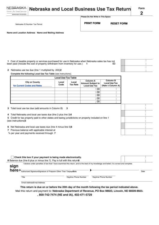 Fillable Form 2 - Nebraska And Local Business Use Tax Return Printable pdf
