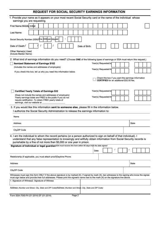 Form Ssa-7050-F4 - Request For Social Security Earnings Information Printable pdf