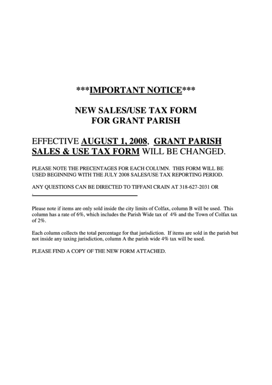 Instructions For Sales And Use Tax Report - Grant Parish - Louisiana Department Of Revenue Printable pdf